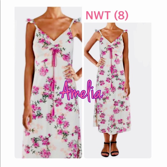 NWT pink lilac cream floral tassel tie midi dress chiffon lined AMELIA 8 or 10 - Picture 2 of 13